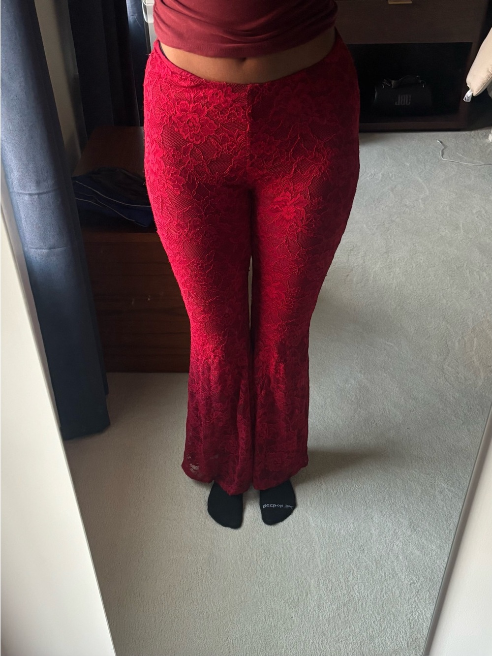 Red lace flare pants